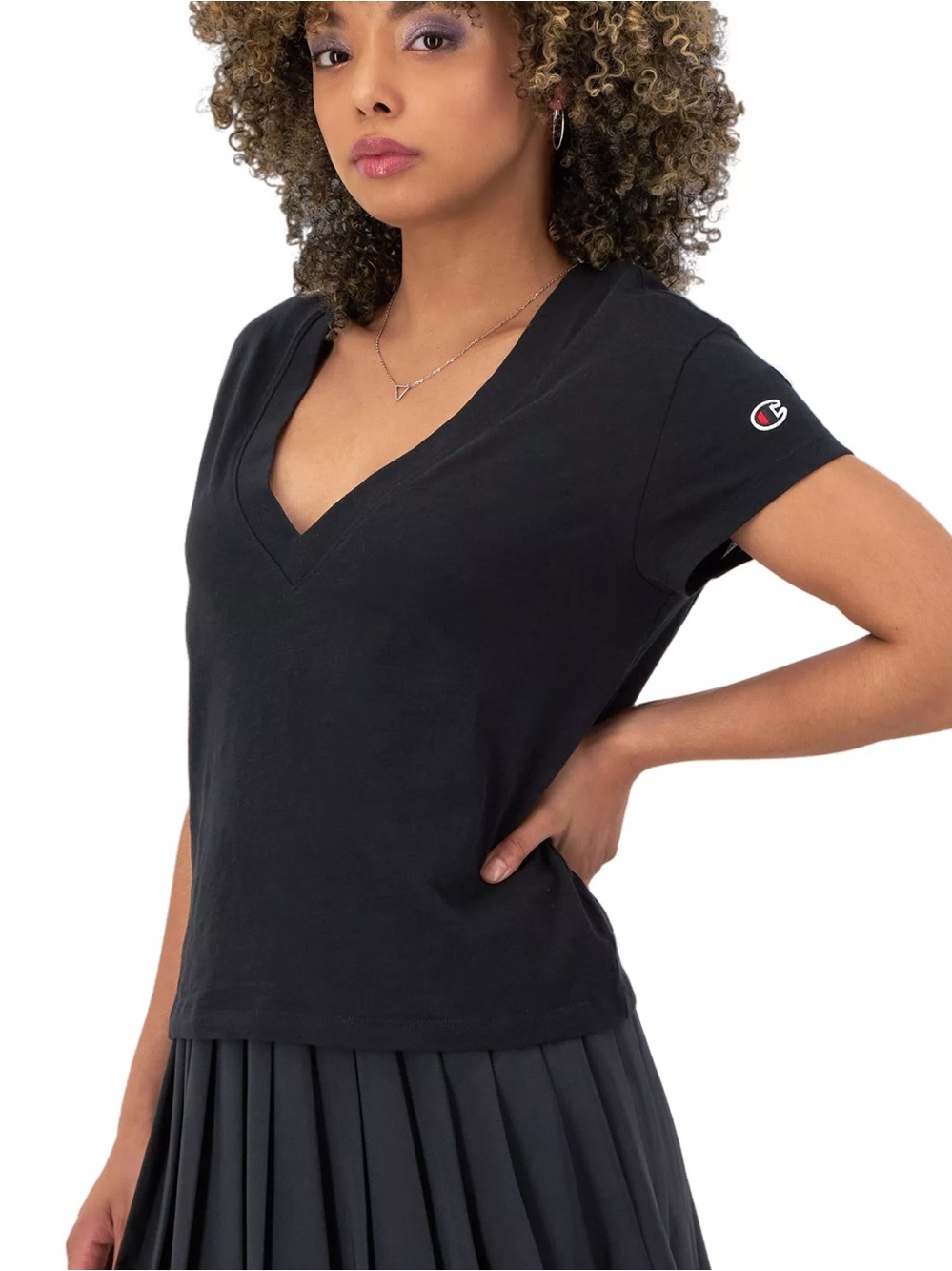 NWT CHAMPION tailgate tee v-neck S black t-shirt embroidered logo short sleeve